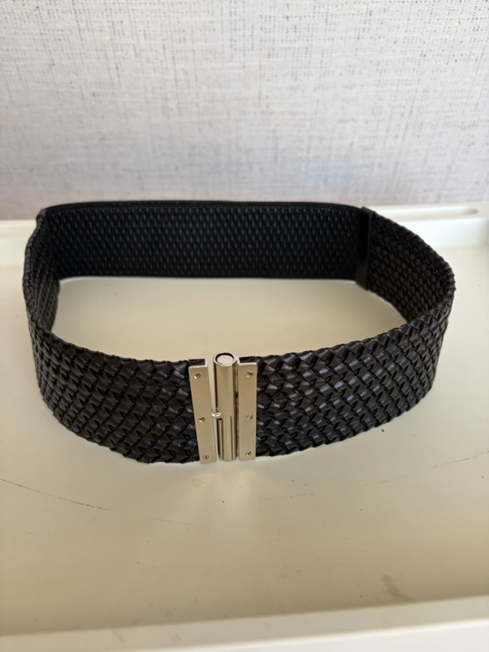 Black Woven Elastic Women’s Belt with Silver Buckle